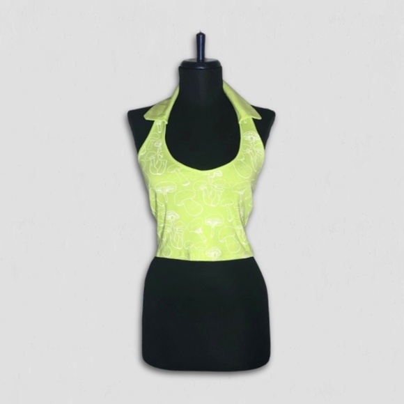 Urban Nation Halter Cropped Top Mushroom Print Neon Green White Medium - Picture 1 of 11